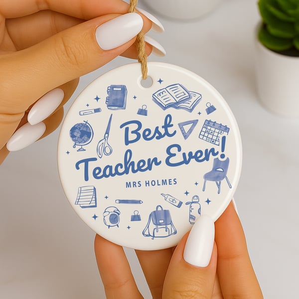 Thank You Teacher Gift – Personalised Blue Doodle Ornament with Name for Teacher
