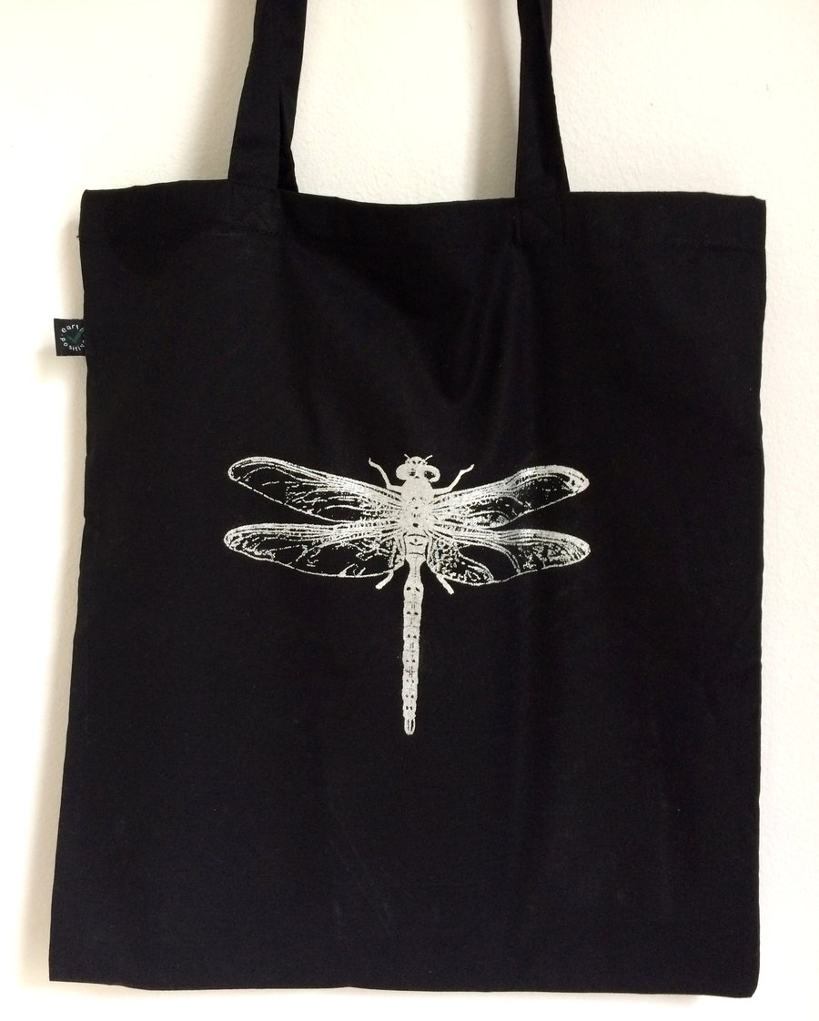 Dragonfly organic tote bag black and silver hand printed screen print