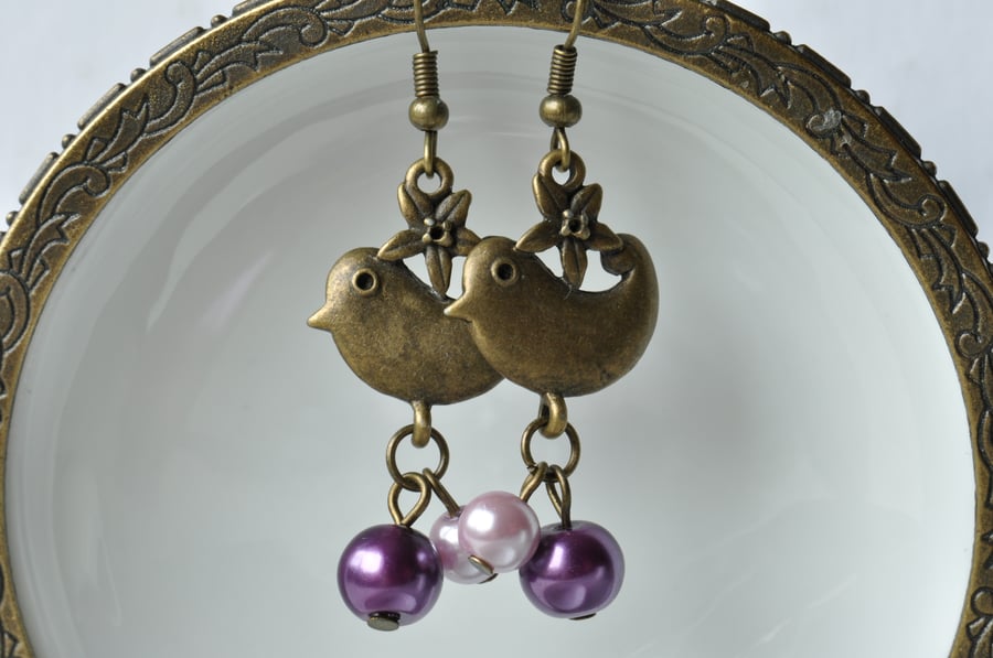 Song for Rose Purple Pearl & Bird Charm Earrings