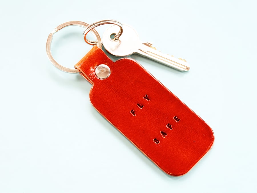Fly Safe Leather Keyring, Handmade Leather Keychain, Leather Key Fob