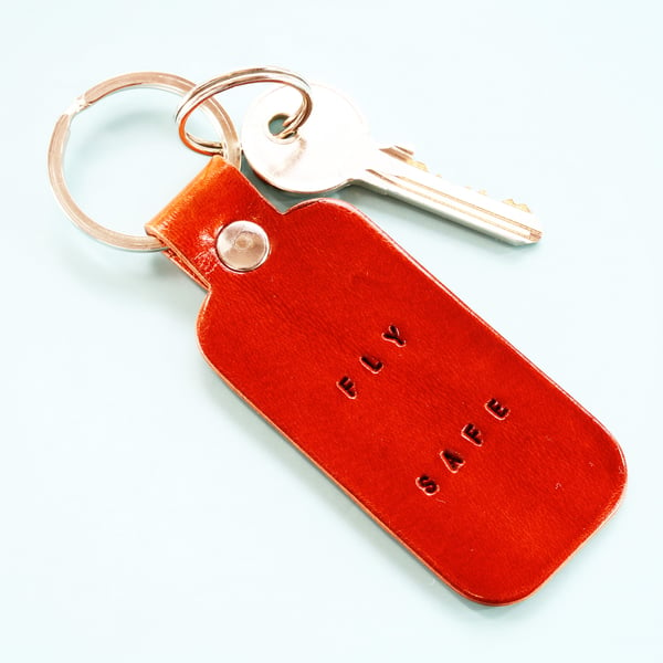 Fly Safe Leather Keyring, Handmade Leather Keychain, Leather Key Fob