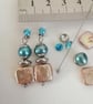 Blue oval & golden square cultured pearl, dangle earrings, cubic zirconia stud - Image 2