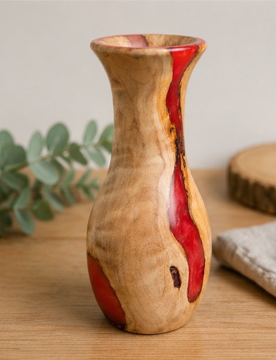 Handturned poplar with watermelon resin bud vase