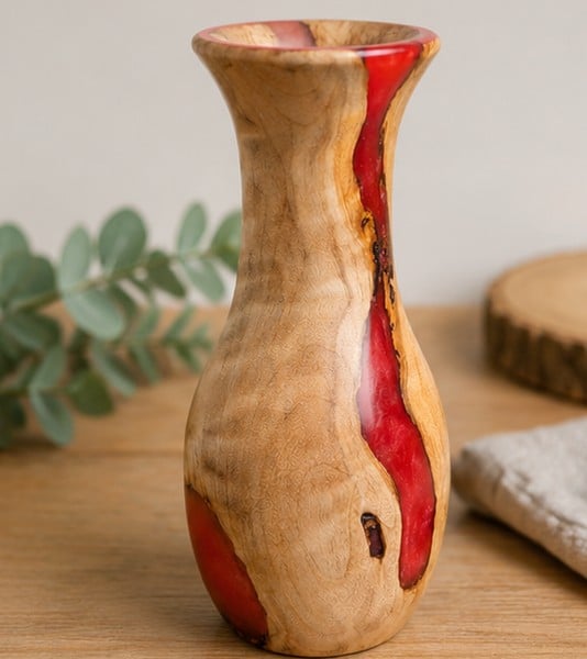 Handturned poplar with watermelon resin bud vase