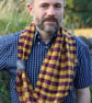 Hand woven unisex check cowl in yellow and purple with an embroidered dragonfly - Image 3
