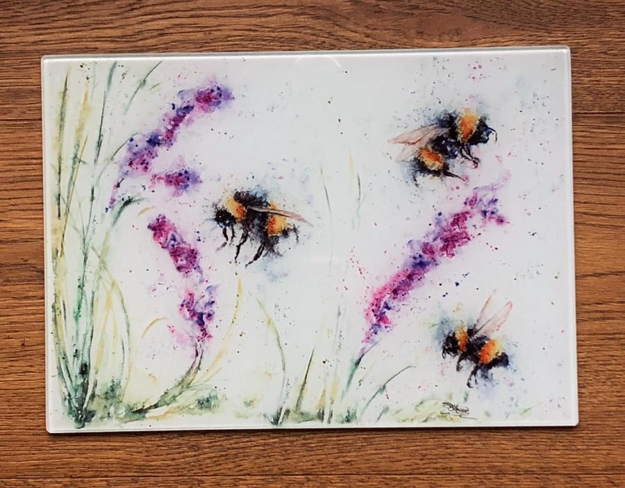 Bees & Lavender Glass Chopping Board, Kitchen Worktop Saver, Table Mat, Cutting 