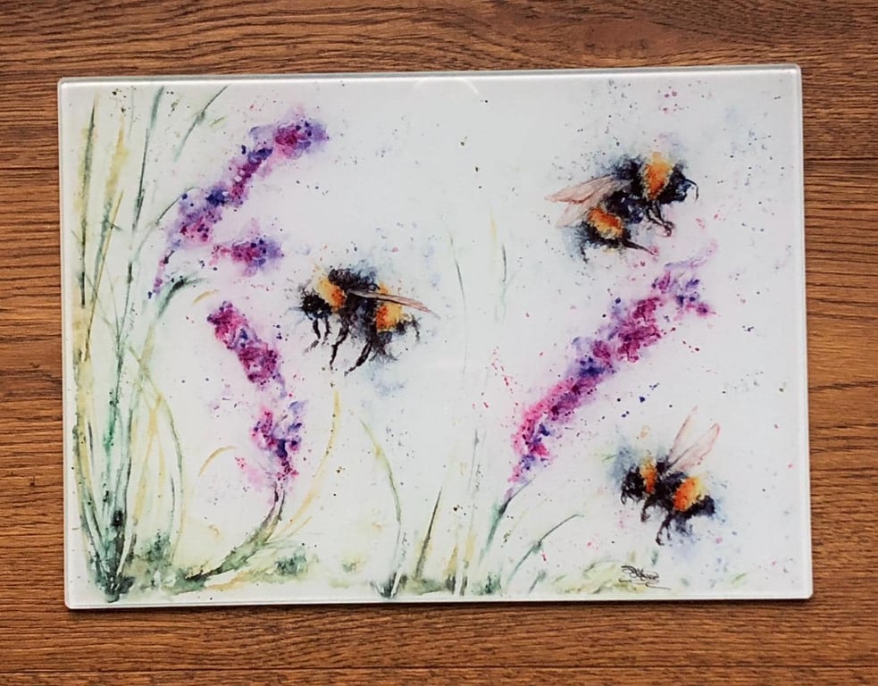 Bees & Lavender Glass Chopping Board, Kitchen Worktop Saver, Table Mat, Cutting 
