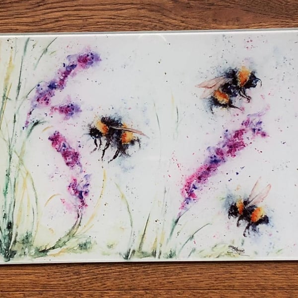 Bees & Lavender Glass Chopping Board, Kitchen Worktop Saver, Table Mat, Cutting 