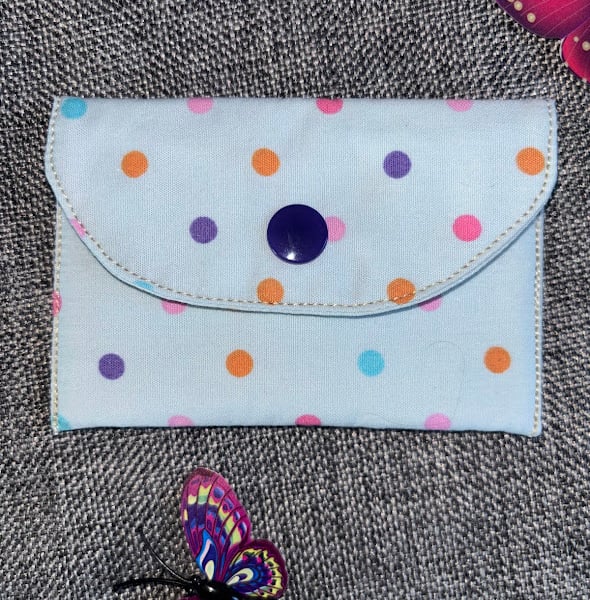 Gift Card Wallet, Purse.  Light Blue  with multi colour spots
