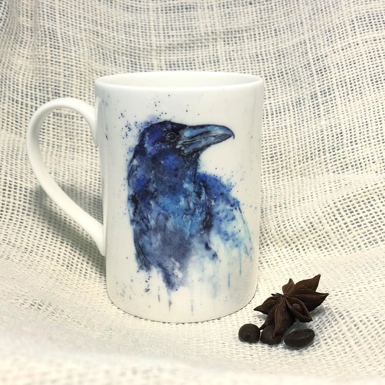 Raven Watercolour Bone China Mug, China Cup, Crow Gift, Wildlife Art Mug by Wate