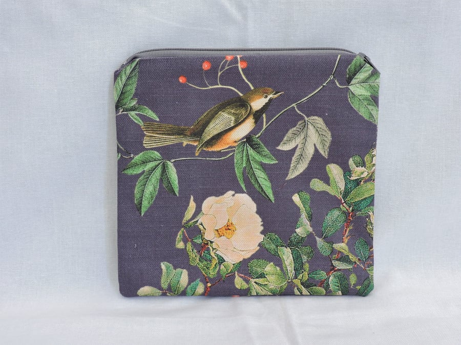 Sale Make up Bag Zipped Pouch  Birds and Flowers Linen