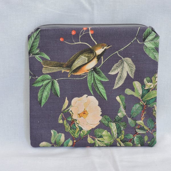 Sale Make up Bag Zipped Pouch  Birds and Flowers Linen