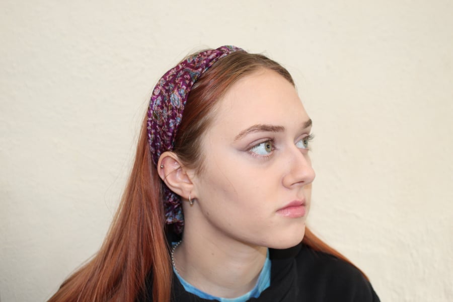 Handmade boho silk Eco head band,hair accessory,elasticated purple band.gift