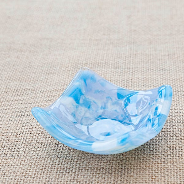 Cool Blue Marbled Fused Glass Trinket Ring Candle Dish