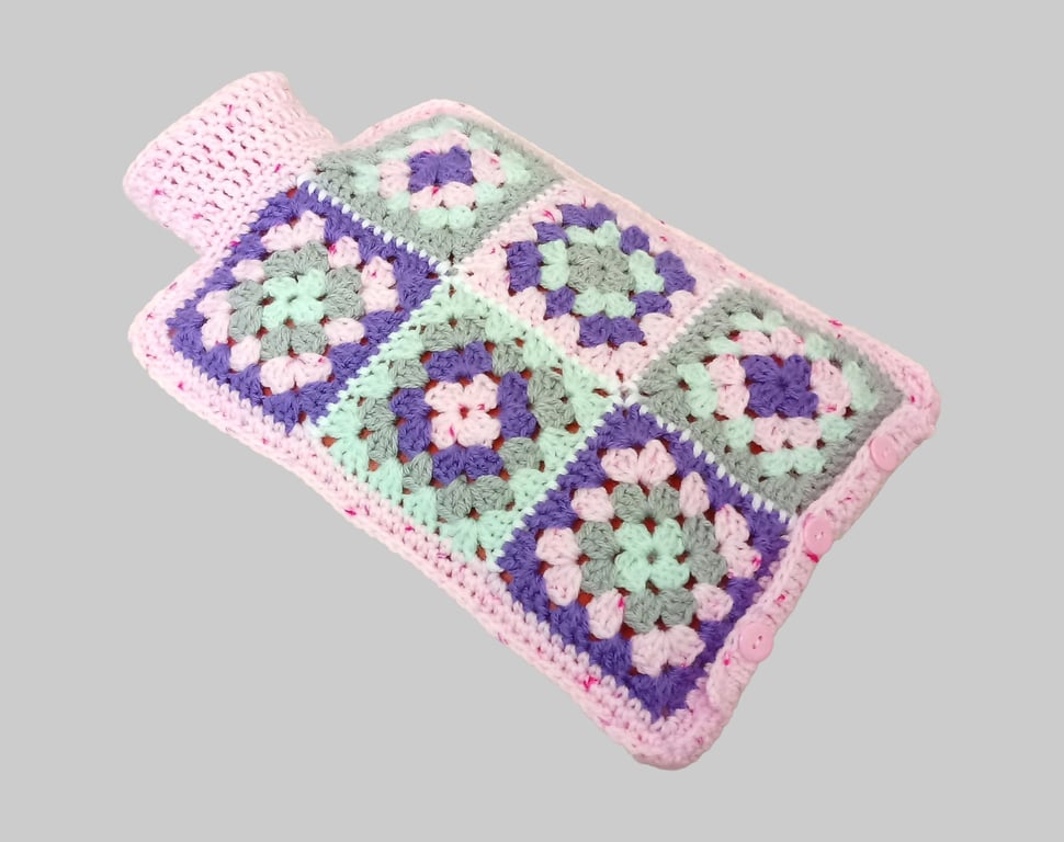 Hot water bottle cover in pink, purple, turquoise and grey, crochet cover, 2L