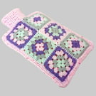 Hot water bottle cover in pink, purple, turquoise and grey, crochet cover, 2L