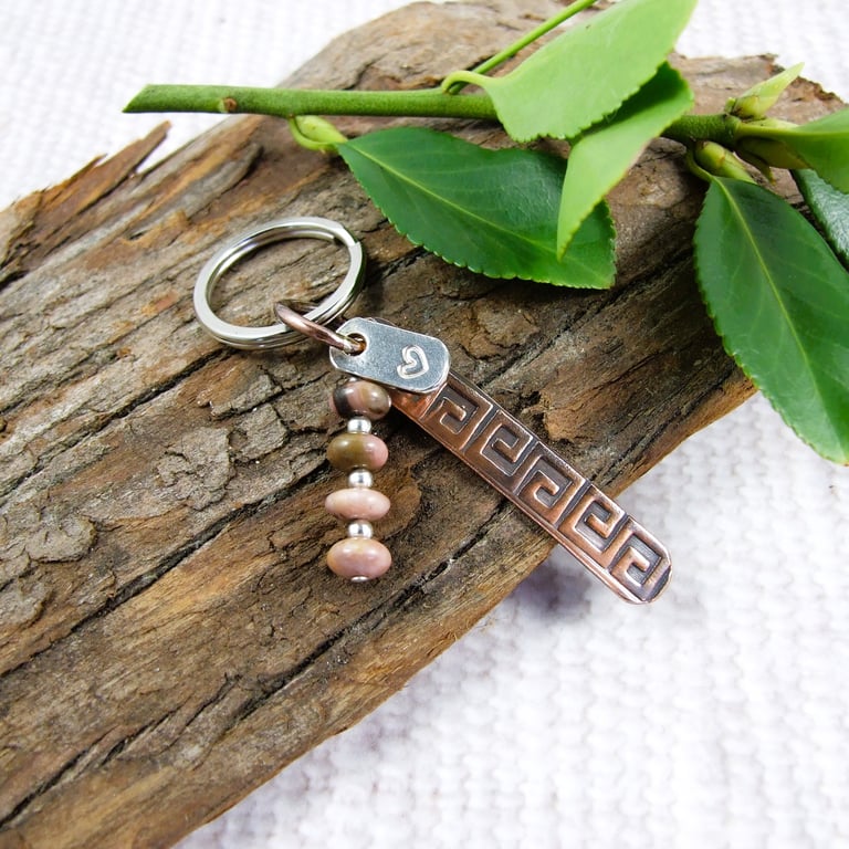 Bag Charm, Copper with Sterling Silver Heart Tag and Rhodonite Gemstones