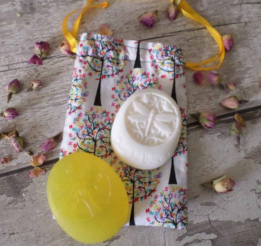 Tree Of Life Two Natural Skin Kind Soaps With Pretty Lined Cotton Drawstring Bag