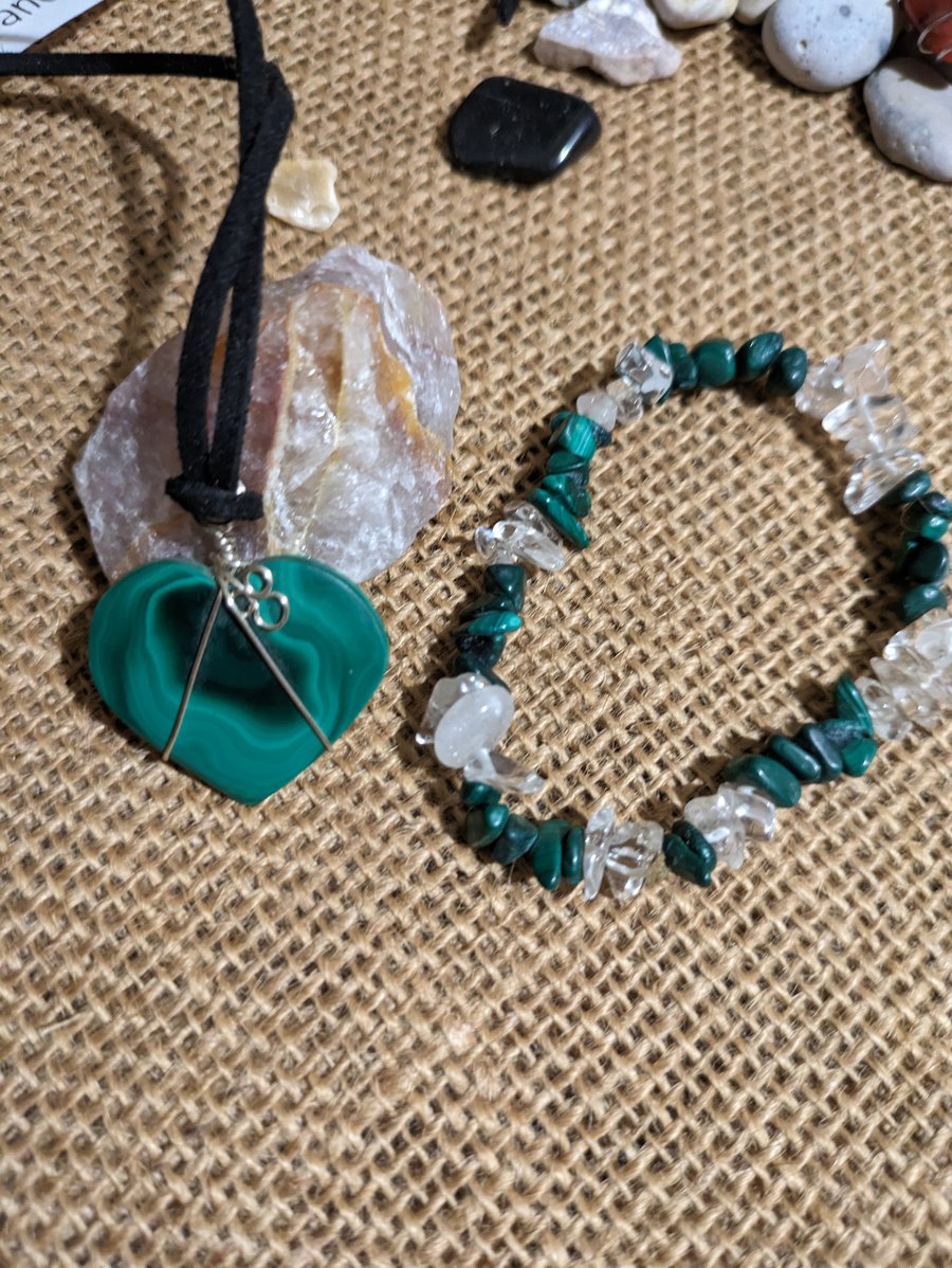 Malachite  Wire Wrapped Heart Pendant and Bracelet Set for Times of Change