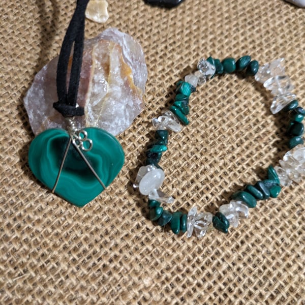 Malachite  Wire Wrapped Heart Pendant and Bracelet Set for Times of Change