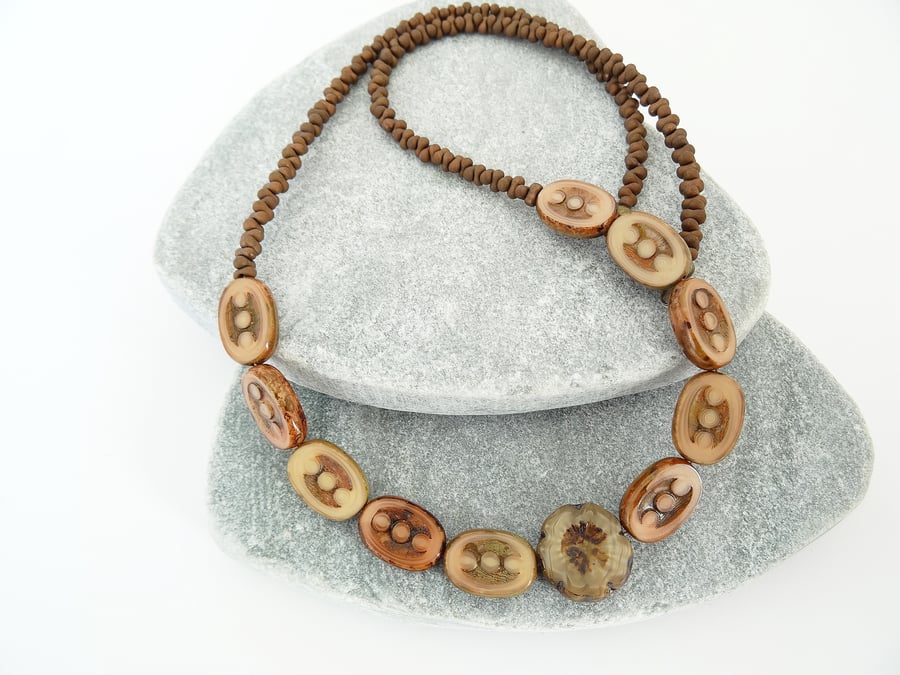 Czech glass necklace,oval picasso beads,czech glass pansy flower bead,