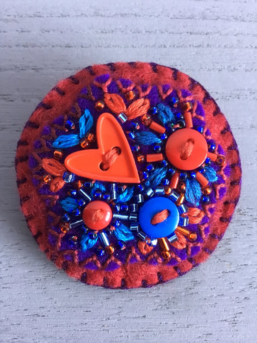 Hand Embroidered Beaded Heart Brooch