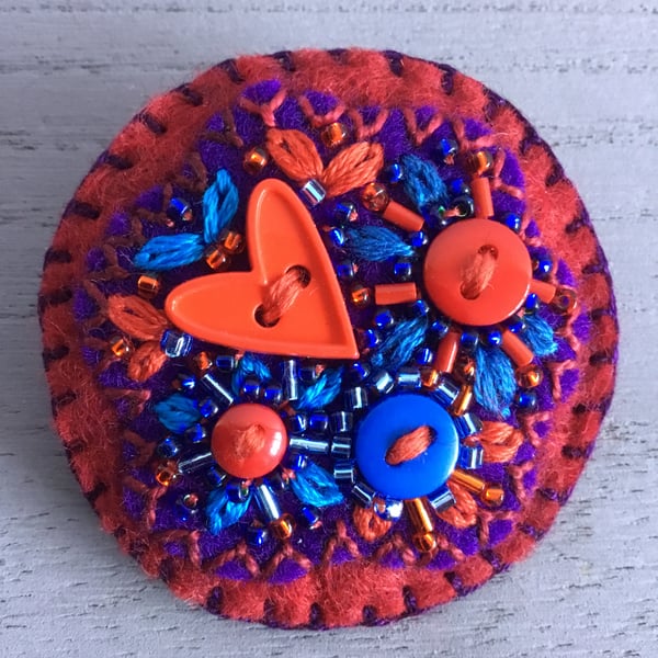 Hand Embroidered Beaded Heart Brooch