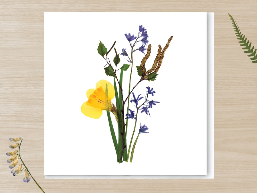 Daffodil, Bluebell & Birch branch, Pressed Flower Print card,