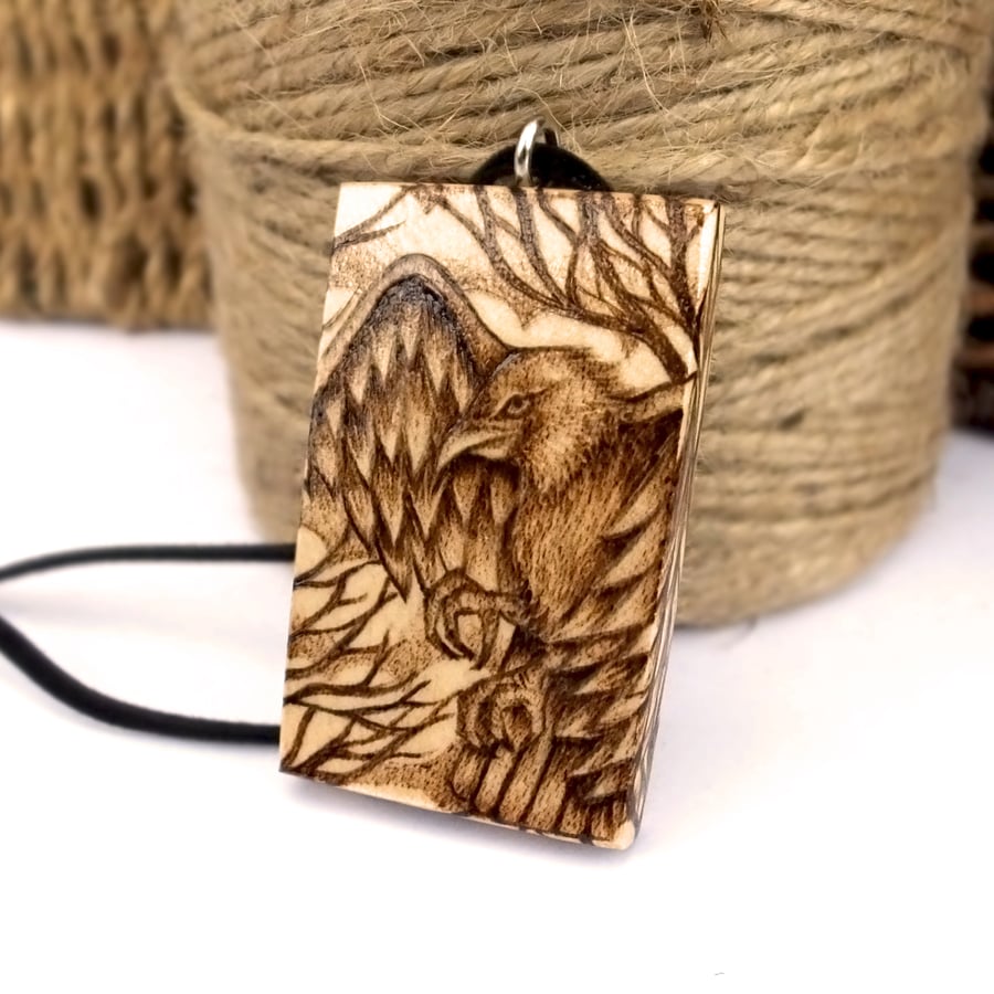 Watchful eagle, chunky wooden pyrography pendant, Wildlife lover gift