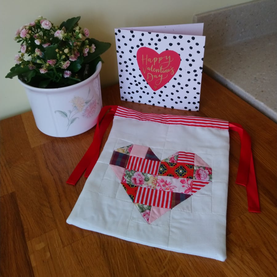 Drawstring bag with red or purple patchwork heart. Wedding or anniversary. 