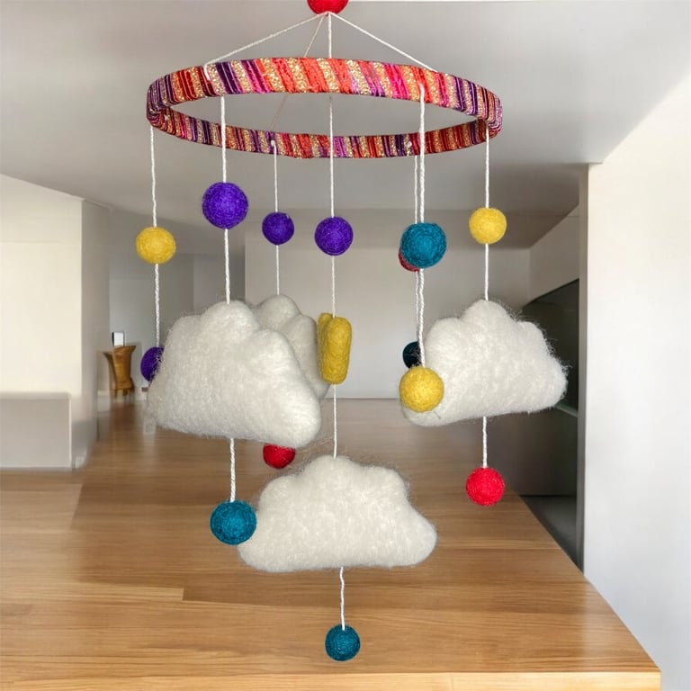 Nursery mobile, Felted fluffy clouds, nursery decor, new baby gift, baby shower