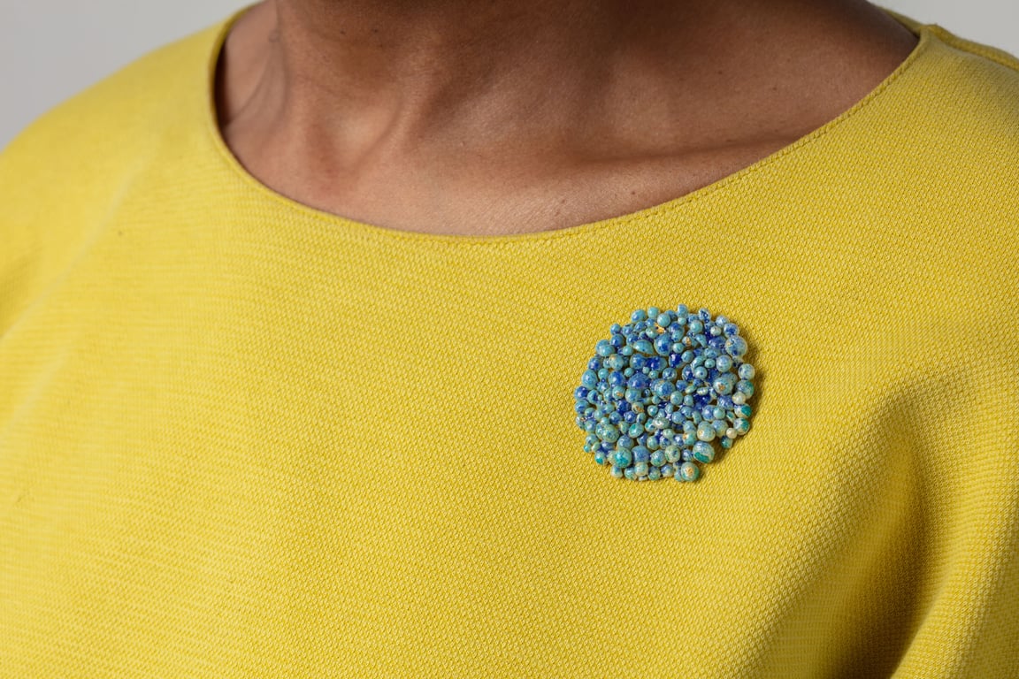 Blue Enamel Silver and Gold Brooch
