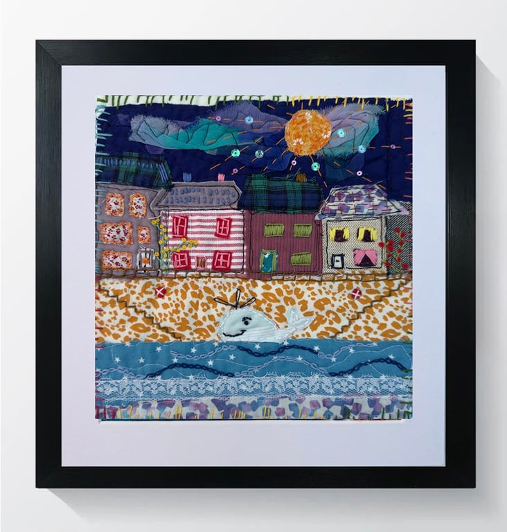 Handmade Textile Artwork - 'Seaside Town with Whale"