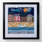 Handmade Textile Artwork - 'Seaside Town with Whale"