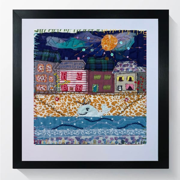 Handmade Textile Artwork - 'Seaside Town with Whale"
