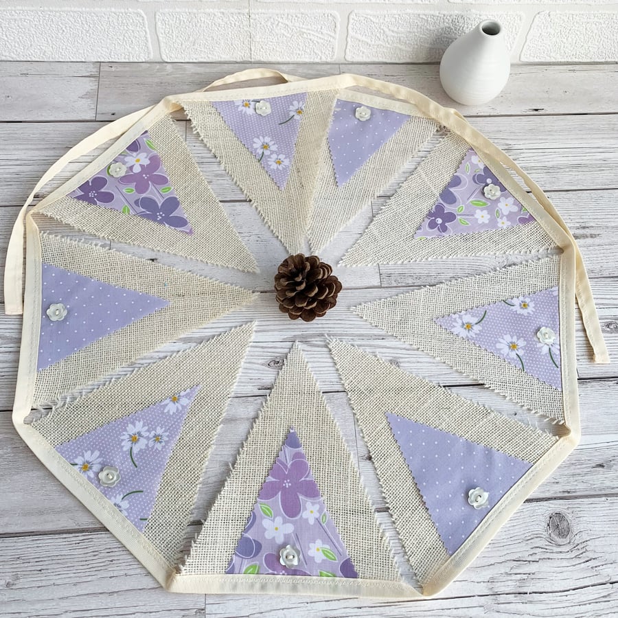 Cream Hessian and Lilac Floral Print Fabric Bunting