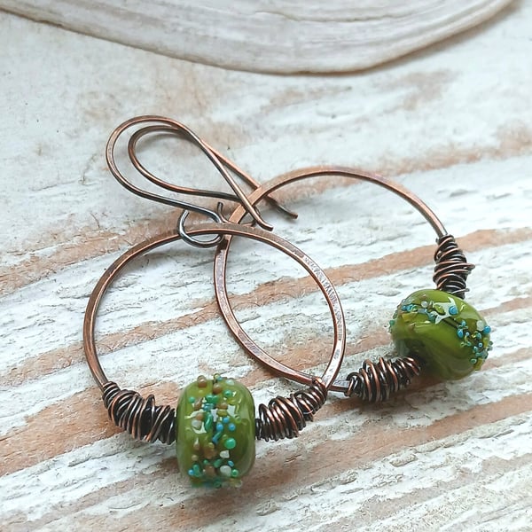 Copper and Lampwork Glass Bead Hoop Earrings