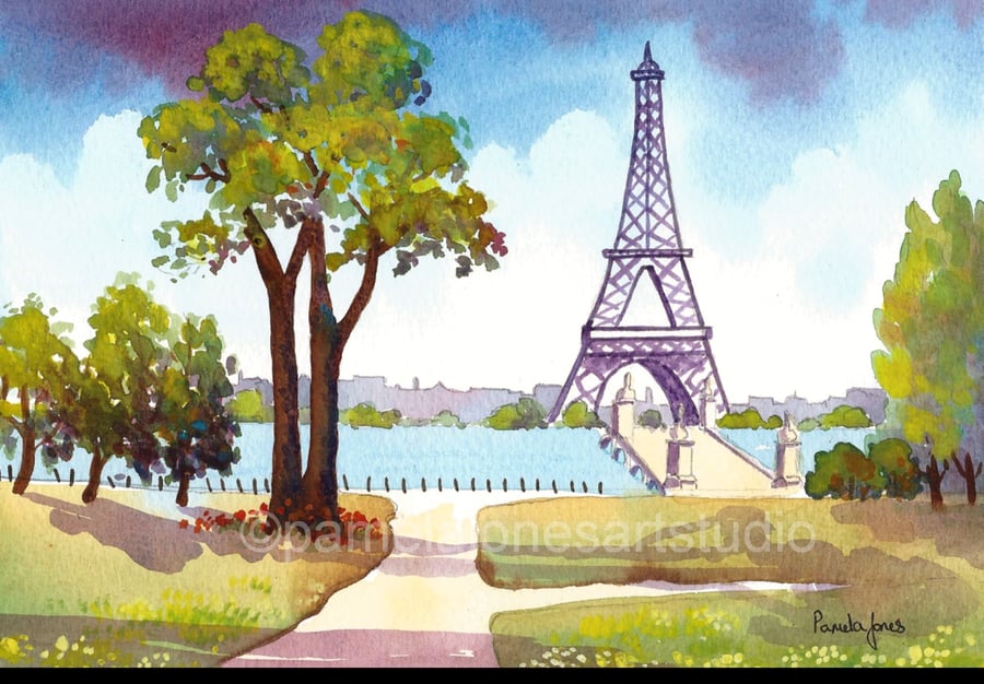 The Eifel Tower, Paris, Watercolour Print, in 8 x 6 '' Mount
