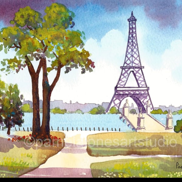 The Eifel Tower, Paris, Watercolour Print, in 8 x 6 '' Mount