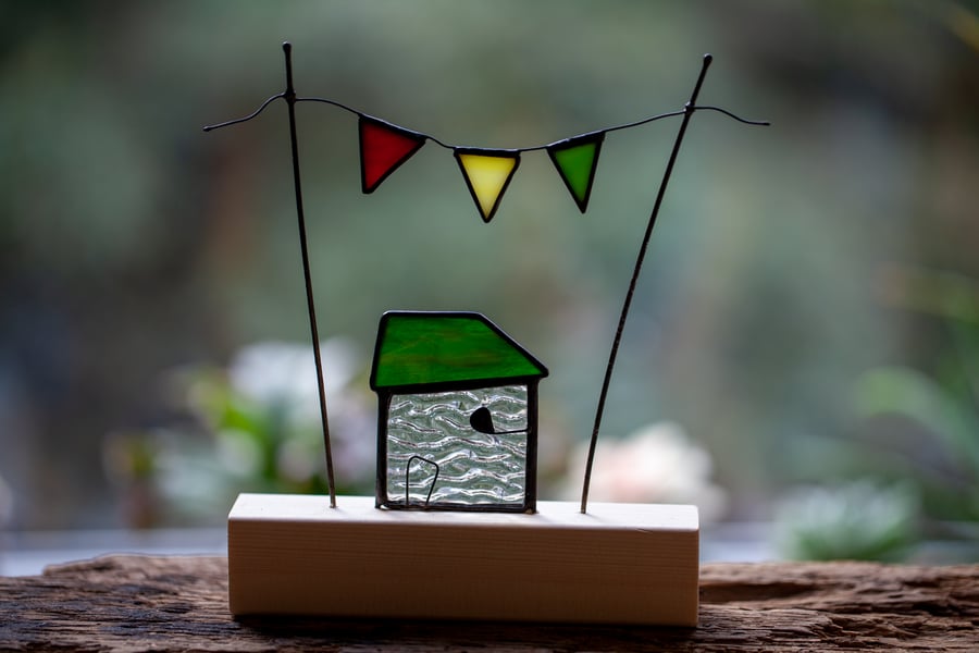 Stained glass house with bunting sun catcher ornament whimsical housewarming gif