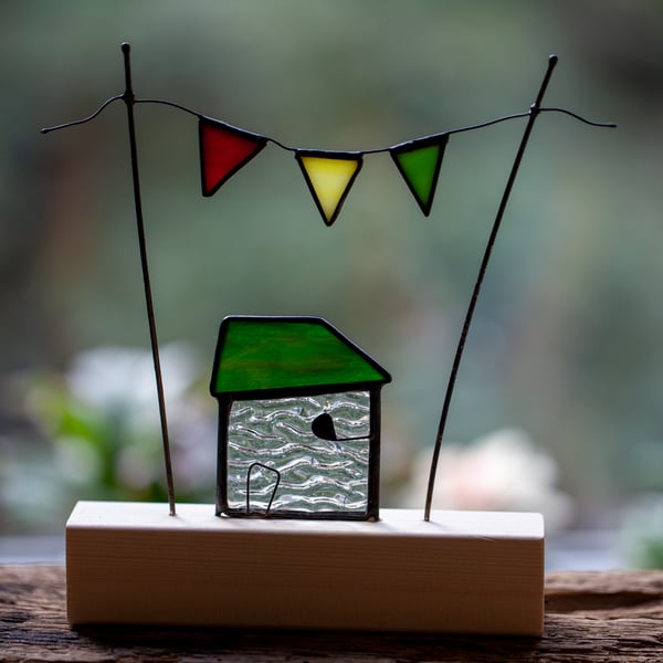 Stained glass house with bunting sun catcher ornament whimsical housewarming gif