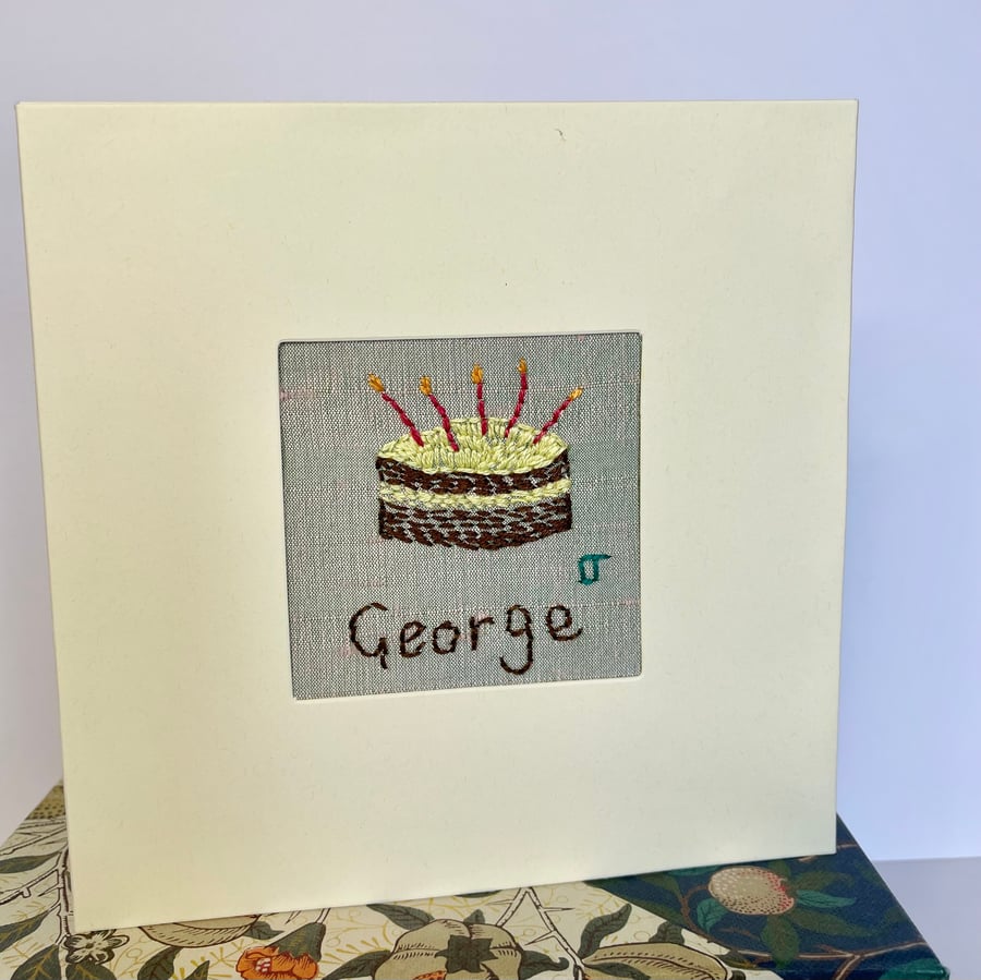 Personalised hand embroidered birthday cake card 