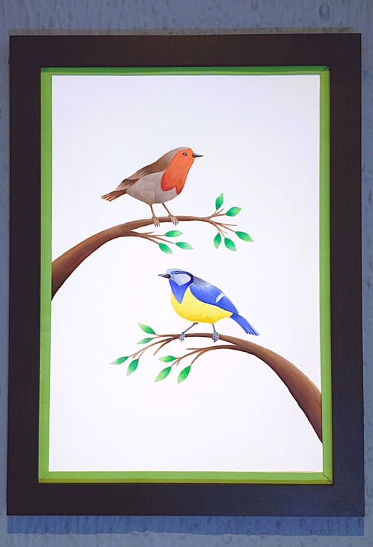 Made in UK Framed A3 Print Colourful Bluetit Robin Light Green Border Wallart