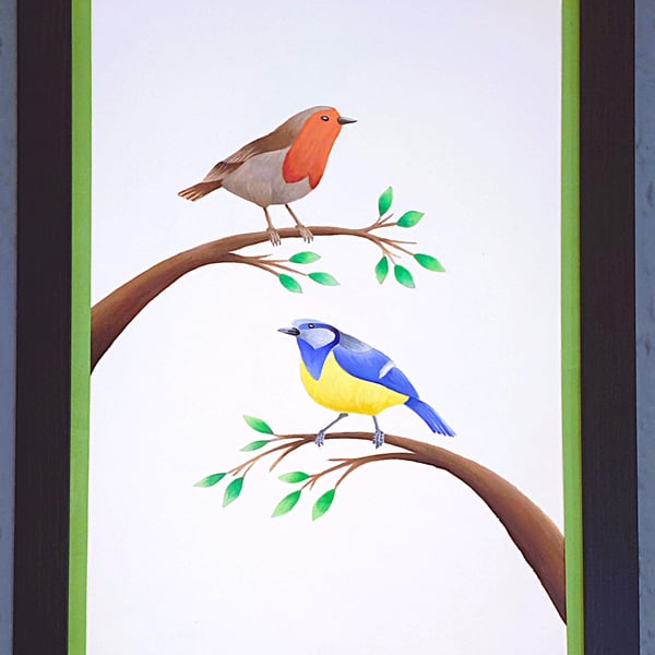 Made in UK Framed A3 Print Colourful Bluetit Robin Light Green Border Wallart