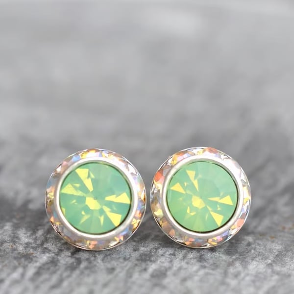 Stud Earrings Green Opal Pastel Rainbow Swarovski Crystal Sugar Sparklers Small