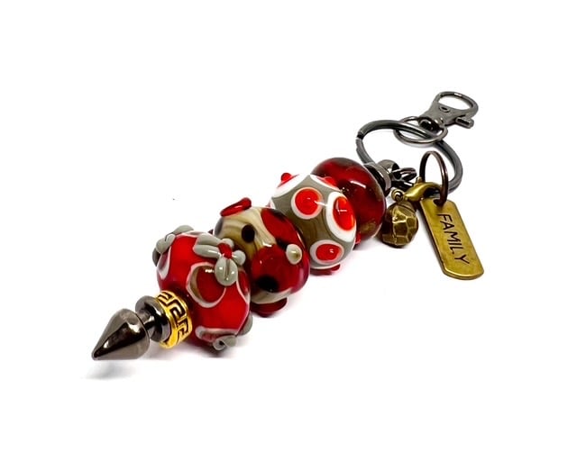 Handmade Red & Grey Lamp-work Glass Bead Bag Charm Keyring Unique Gift 