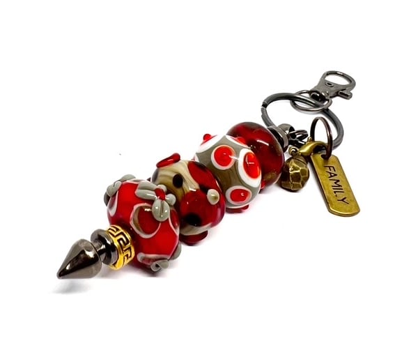 Handmade Red & Grey Lamp-work Glass Bead Bag Charm Keyring Unique Gift 