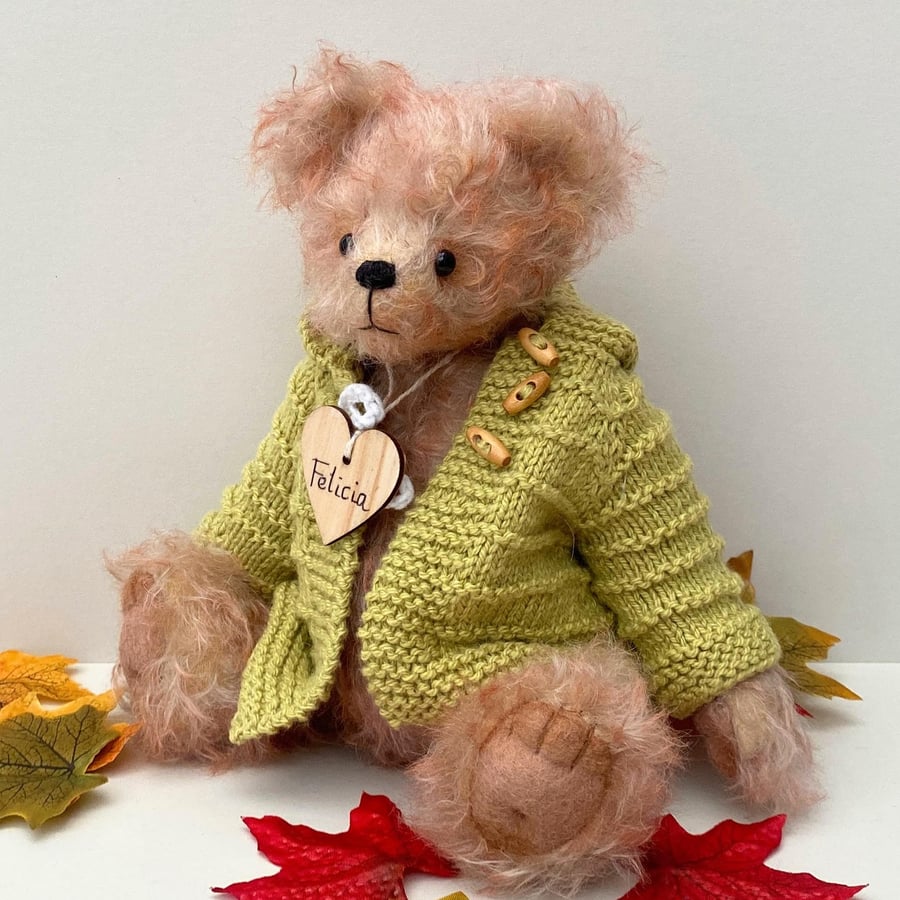 Dressed luxury mohair artist teddy bear, one of a kind bear 