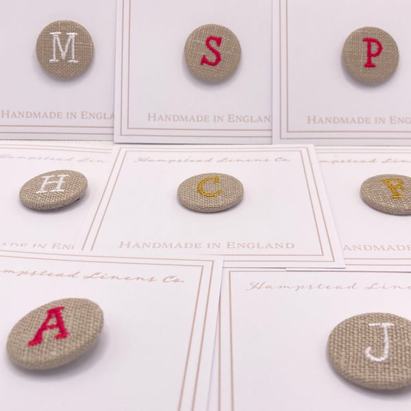 Linen covered monogram pin badge - small - Folksy