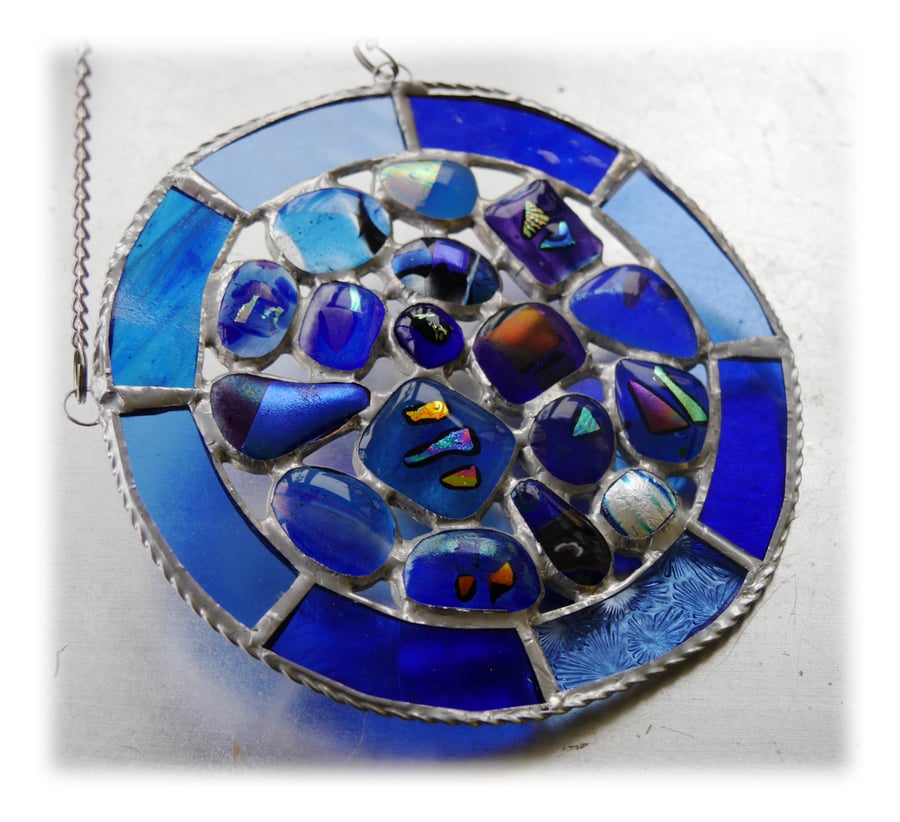 Blue Water Suncatcher Stained Glass Abstract Handmade fused 001